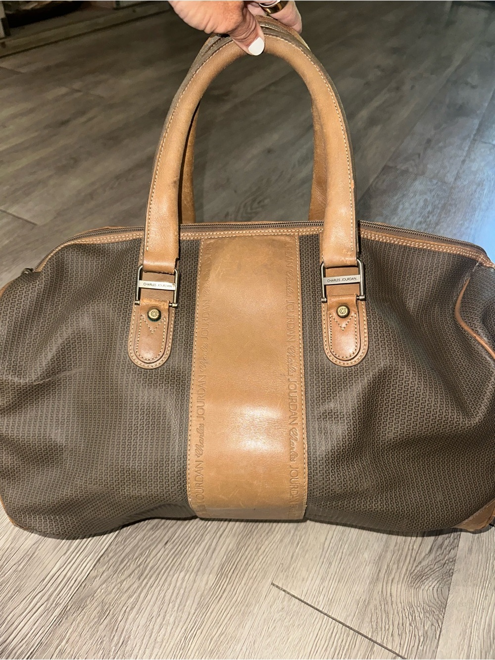 Vintage Charles Jourdan Actif Paris Boston Leather Trim Duffel Satchel Bag